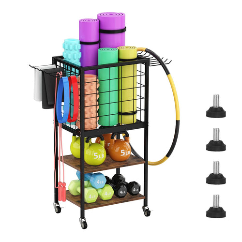 3-Tier Home Gym Storage Rack - Dumbbell, Yoga Mat & Kettlebell Organizer with Wheels
