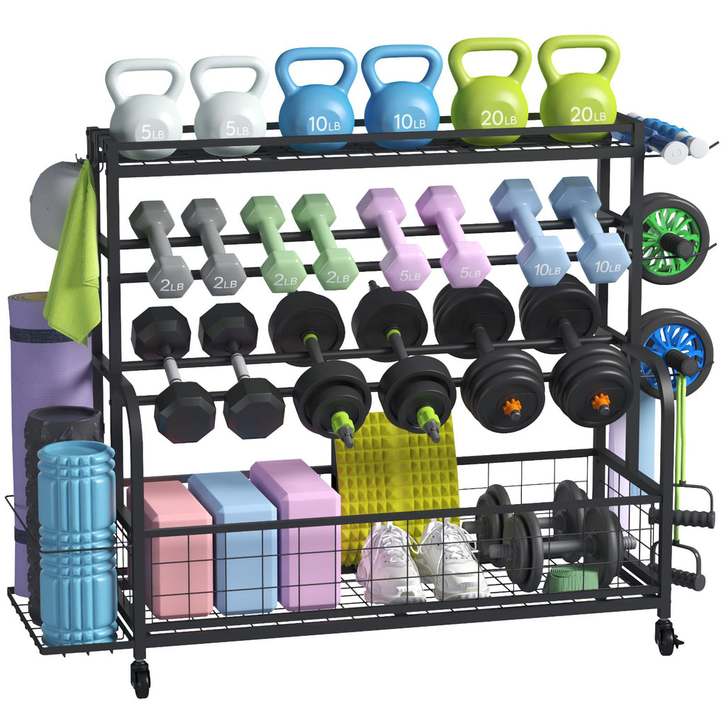 All-in-One Home Gym Storage Rack with Wheels - Dumbbell, Kettlebell & Yoga Mat Holder