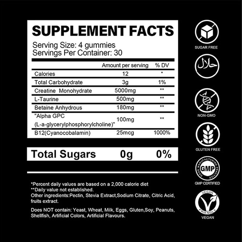 Creatine Monohydrate Gummies for Men & Women – Boost Focus, Muscle, Strength, Recovery, Cognitive Health & Memory | Vegan
